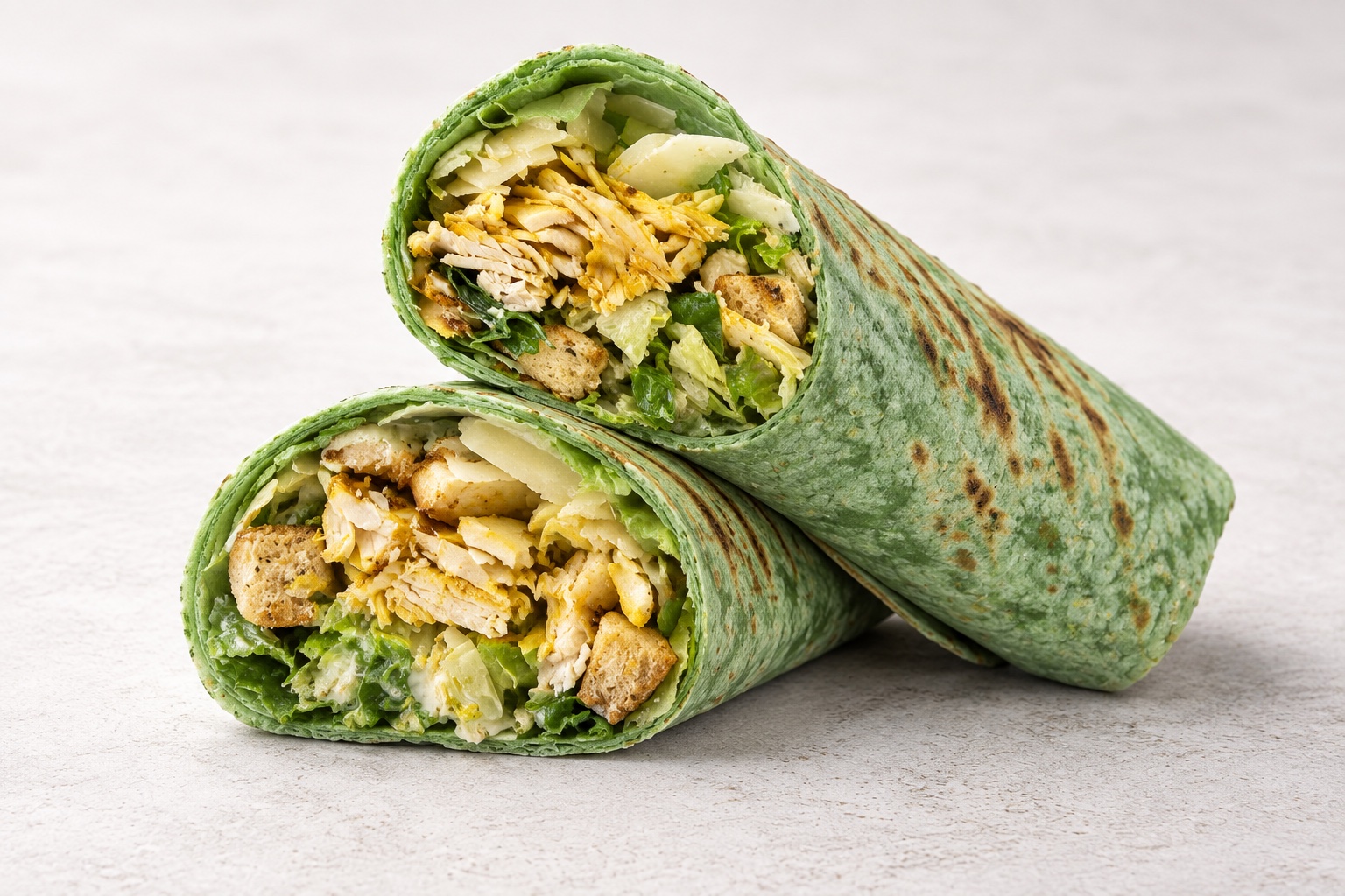 Chicken Caesar Salad Wrap in a grilled spinach tortilla